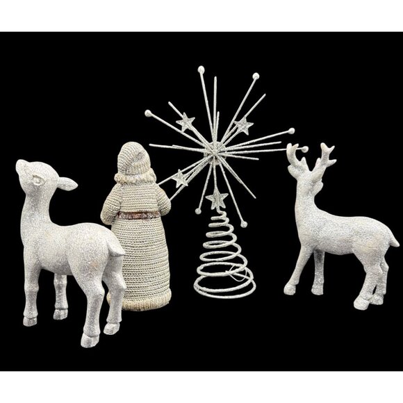 Vintage Glitter Silver Christmas Figurines Set w/ Santa, Reindeer, & Tree Topper - Picture 6 of 6
